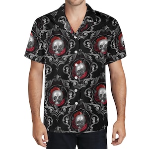 Men&#39;s Casual Hawaiian Shirt, All Over Print, Skull Patterned Gothic Design, Summer Beachwear, Unique Men&#39;s Gift, Cool Casual Shirt, Stylish