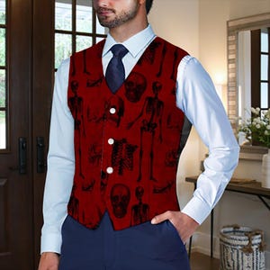 Men Red and Black Suit Vest, Vampire Skeleton All Over Print Stylish Jacket, Fashion Glamour Formal Vest, Cool Gift for Men, Gothic Events