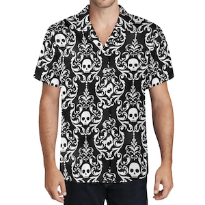 Men&#39;s All Over Print Hawaiian Shirt, Gothic Style, Black White Skull Damask Design, Casual Summer Shirt, Men&#39;s Gift, Gothic Style, Button-Up