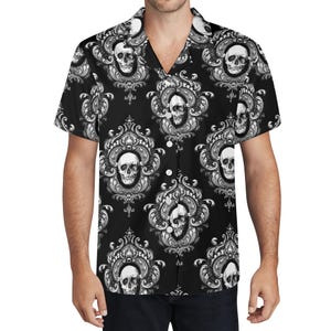 Men Hawaiian Shirt, Casual Black & White Skulls Pattern, Eye-catching Button Down Everyday Wear, Gift for Him, Beach Parties Gothic Clothes