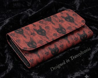 Gothic Black Cat Wallet, Trifold Long Clutch in Red & Black, Witchy Cat Lover Gift for Her, Vegan Leather Card Holder, Dark Academia