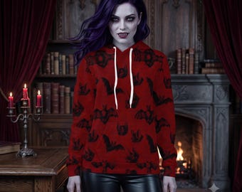 Bat Print Hoodie Women, Gothic Halloween Sweatshirt, All Over Print Vampire Bat Clothing, Designed in Transylvania, Dark Academia Gift