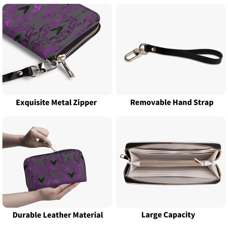 PU Leather Wallet, Purple with Black Bats Flying Pattern, Everyday Use, Cool Gothic Gift for Her, Daily Essentials, Gothic Fashion, Stylish image 11