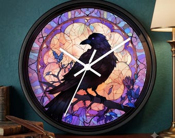 Gothic Stained Glass Raven Clock, Dark Home Decor, Handcrafted Gift,  Ideal For Any Wall, Wood Frame, Silent Clock Mechanism, Goth Decor