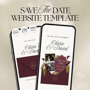 Könnte beinhalten: Eine digitale Save-the-Date-Website-Vorlage auf zwei Smartphones. Die Bildschirme zeigen den Text SAVE THE DATE WEBSITE TEMPLATE, Built-In RSVP, 250+ Elements, 100% Editable, Olivia & David sowie eine burgunderrote Umschlag-Grafik mit Blumen.
