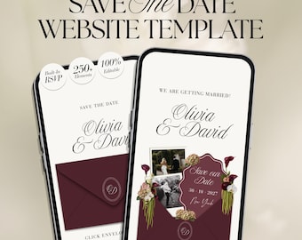Website-Vorlage „Save the Date“ in Burgunderrot mit RSVP-Funktion, bearbeitbare Canva-Hochzeitswebsite, mobilfreundliches Design