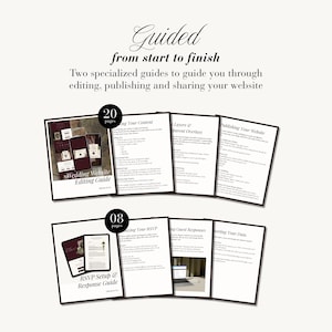 May include: A digital instructional set featuring a 20-page Wedding Website Editing Guide and an 8-page RSVP Setup & Response Guide. The documents include black text on white pages with dark borders, detailing steps for website management and data.