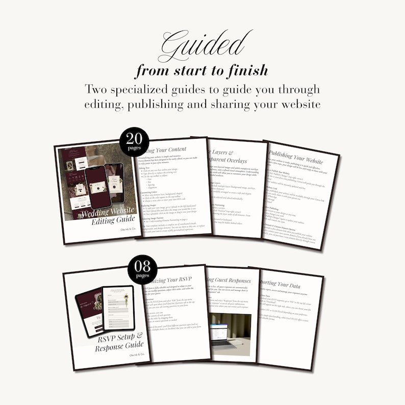 May include: A digital instructional set featuring a 20-page Wedding Website Editing Guide and an 8-page RSVP Setup & Response Guide. The documents include black text on white pages with dark borders, detailing steps for website management and data.