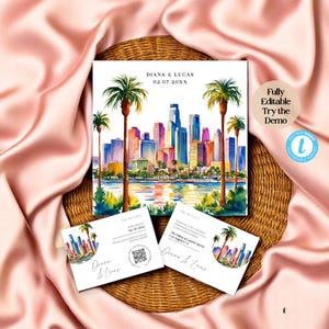 Invitación de boda en Los Ángeles: plantilla editable del horizonte de Los Ángeles, suite de boda urbana moderna, diseño del centro en acuarela