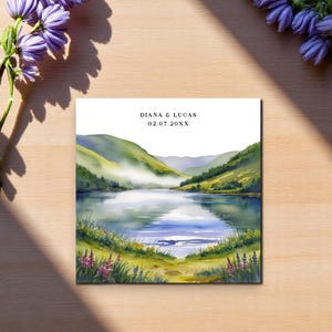 Plantilla de invitación de boda en la montaña con reserva de fecha en Asheville (RSVP y detalles editables) - Descarga digital de Templett