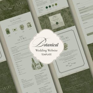 Peut inclure: Un modèle de site web de mariage botanique avec une palette de couleurs vert clair et blanc. Le design comprend des polices élégantes et des illustrations botaniques décoratives. La mise en page du site web présente des sections pour les détails, les réservations et l'histoire du couple.