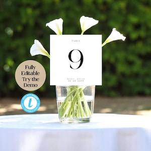 Plantilla elegante de número de mesa para bodas: tarjeta de mesa minimalista editable, descarga digital, fuente moderna con soporte opcional.
