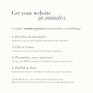 Peut inclure: Un graphique informatif blanc avec du texte noir d&eacute;taillant un processus en quatre &eacute;tapes : Obtenez votre site web en quelques minutes. Un processus simple et fluide de l'achat &agrave; la publication. 1. Achat et t&eacute;l&eacute;chargement, 2. Modifier dans Canva, 3. Personnalisez votre exp&eacute;rience, 4. Publiez et partagez. Chez Ol&eacute; Ink & Co., nous sommes toujours l&agrave; pour vous aider. N'h&eacute;sitez pas &agrave; nous contacter si vous avez besoin d'aide.