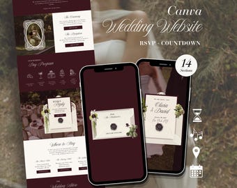 Plantilla web para bodas de la vieja aristocracia con confirmación de asistencia, sitio web editable en Canva, diseño adaptable a dispositivos móviles.
