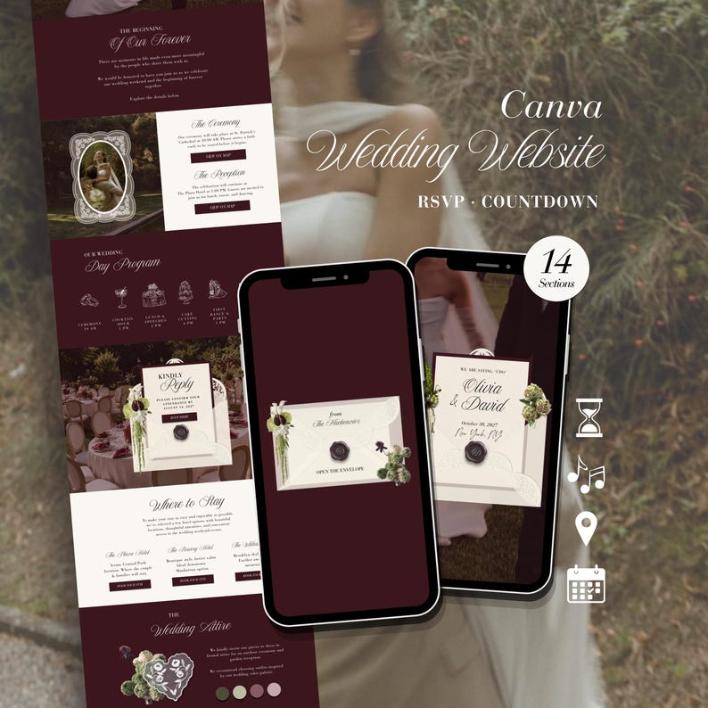 May include: A Canva wedding website template featuring a deep burgundy and cream color scheme. The design includes sections for a day program, RSVP, and countdown, displayed on two smartphones and a vertical layout with floral accents and text.