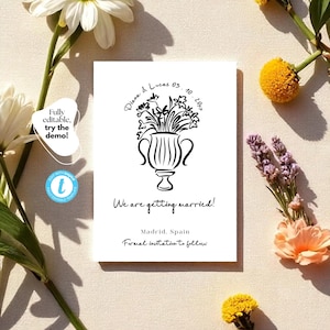 Plantilla de invitación para guardar la fecha dibujada a mano – Anuncio de boda minimalista bohemio – Tarjeta digital editable – Templett