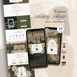 Plantilla elegante para sitio web de bodas con confirmación de asistencia, diseño moderno y elegante en Canva, color verde oliva, adaptable a dispositivos móviles.