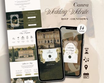 Modèle de site web de mariage élégant avec RSVP, style Old Money vert olive, design adapté aux mobiles.