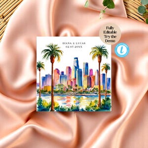 Invitación de boda en Los Ángeles: plantilla editable del horizonte de Los Ángeles, invitación de boda urbana moderna, diseño del centro en acuarela
