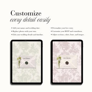 Peut inclure: Deux tablettes affichent des mod&egrave;les d'invitation de mariage num&eacute;riques avec des fonctionnalit&eacute;s personnalisables. Le texte indique : Customize every detail easily. Add your names and wedding date. Personalize your love story. Replace photos with your own. Customize your RSVP and countdown. Edit your wedding details and timeline. Adjust sections, colors, fonts, and images. Chaque &eacute;cran montre un graphique d'enveloppe avec le texte From THE PARKERS et Open the Envelope.