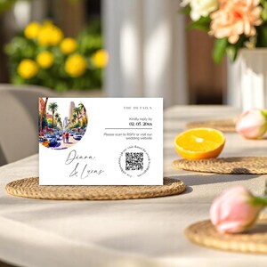 Tarjetas de reserva de fecha en Los Ángeles – Tarjetas de invitación de boda en el centro de Los Ángeles – Plantilla editable con RSVP – Descarga digital