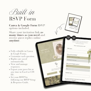Peut inclure: Un mod&egrave;le de formulaire RSVP num&eacute;rique affich&eacute; sur deux tablettes, comprenant des champs modifiables pour les noms des invit&eacute;s, le statut de pr&eacute;sence et les restrictions alimentaires. Le design pr&eacute;sente une palette de vert doux.