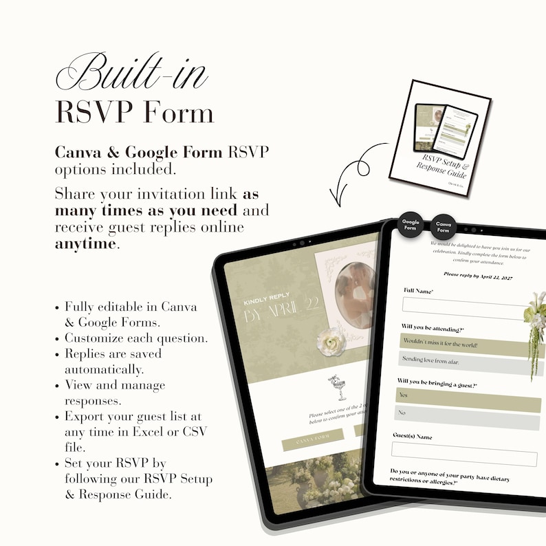 Peut inclure: Un mod&egrave;le de formulaire RSVP num&eacute;rique affich&eacute; sur deux tablettes, comprenant des champs modifiables pour les noms des invit&eacute;s, le statut de pr&eacute;sence et les restrictions alimentaires. Le design pr&eacute;sente une palette de vert doux.
