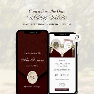 Puede incluir: Dos teléfonos inteligentes que muestran una plantilla de sitio web de bodas. La pantalla izquierda muestra un sobre rojo oscuro con un sello de cera y el texto 'An Invitation To The Swains'. La pantalla derecha muestra detalles del evento, una cuenta regresiva y 10 secciones.