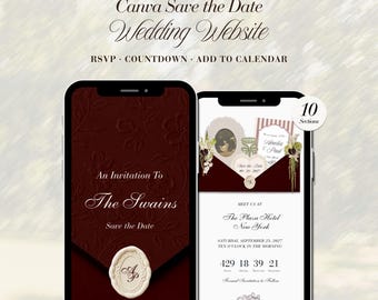 Burgundy Save the Date Website Template with RSVP, Old Money Canva Wedding Website, Mobile Friendly Design