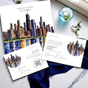 Invitación de boda con reserva de fecha en Chicago: elegante paquete digital con acuarela del horizonte, código QR de respuesta y fuentes modernas