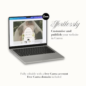 Peut inclure: Un ordinateur portable argent&eacute; affichant l'interface de l'&eacute;diteur de site web Canva avec un mod&egrave;le d'invitation de mariage. Le texte indique : Effortlessly Customise and publish your website in Canva. Fully editable with a free Canva account. Free Canva domain included.