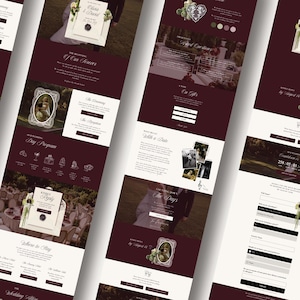 May include: A digital wedding website template featuring a deep burgundy and white color scheme. The layout includes sections for ceremony details, a day program with icons, a photo gallery, a countdown timer, and a digital RSVP form with input fields.