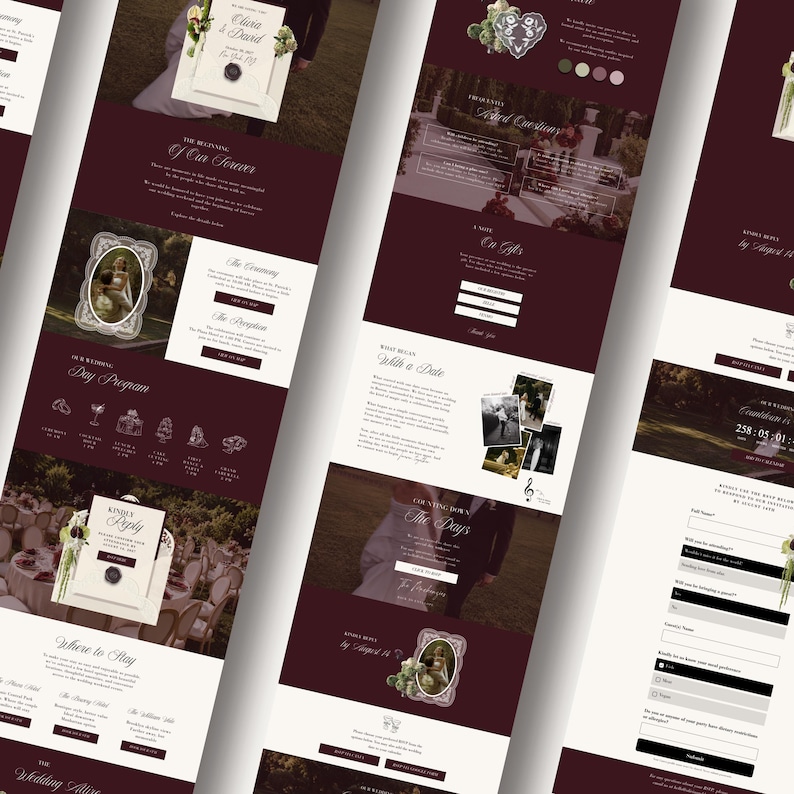 May include: A digital wedding website template featuring a deep burgundy and white color scheme. The layout includes sections for ceremony details, a day program with icons, a photo gallery, a countdown timer, and a digital RSVP form with input fields.