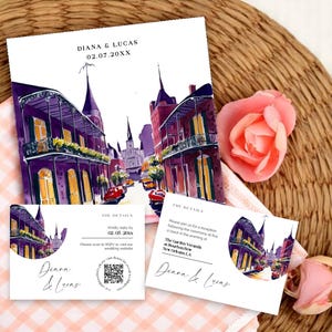 Invitación de boda en el Barrio Francés de Nueva Orleans (reserva la fecha) - Plantilla editable con RSVP - Descarga digital a través de Templett