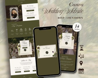 Modèle de site Web de mariage vert Old Money avec RSVP, site Web canva modifiable, conception adaptée aux mobiles