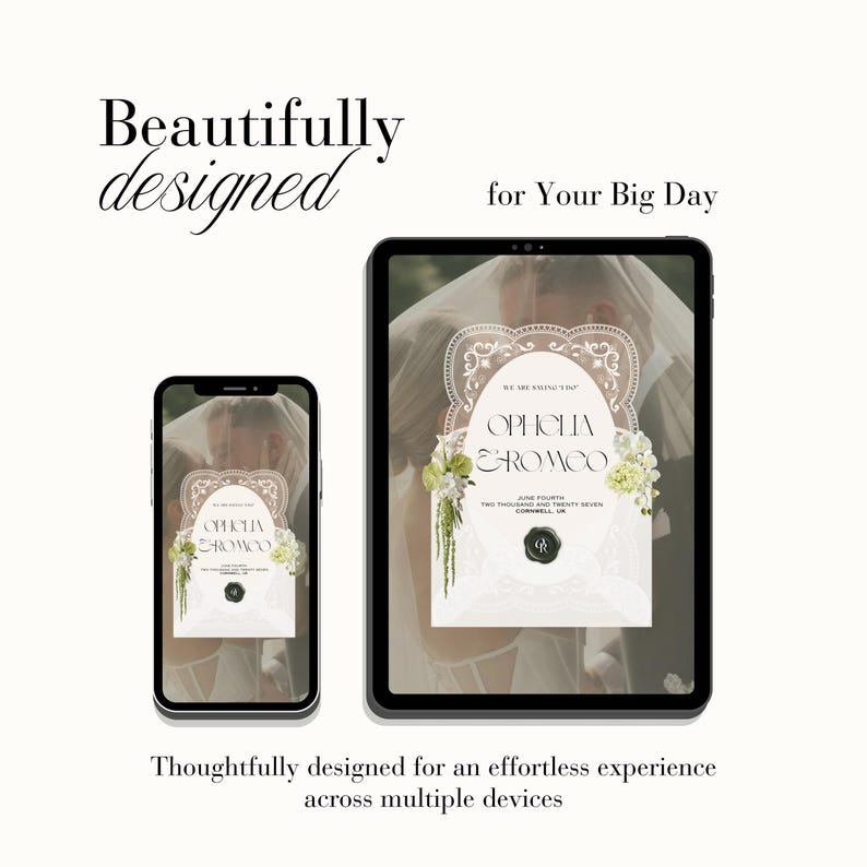 Peut inclure: Un smartphone et une tablette affichant un mod&egrave;le de faire-part de mariage avec les noms Ophelia et Romeo, le texte We Are Saying I Do, June Fourth, Two Thousand and Twenty Seven, Cornwall, UK, et un sceau de cire noir avec les initiales OR.