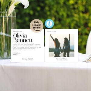 Cartão de agradecimento para madrinhas com foto – Modelo editável – Presente personalizado para madrinhas – Lembrança minimalista para casamento – Templett