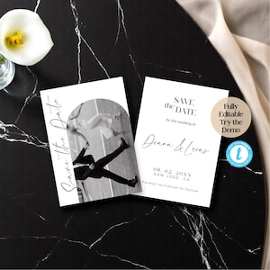 Modelo minimalista para salvar a data com foto – Cartão de convite de casamento moderno, design editável, download instantâneo