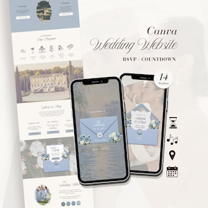 May include: A digital wedding website template for Canva featuring 14 sections, including RSVP and countdown features. The design displays light blue envelopes with floral accents, event schedules, and venue details on mobile phone screens.