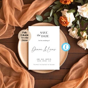 Modelo minimalista para salvar a data – Cartão de convite de casamento moderno, design editável, bege neutro, download instantâneo