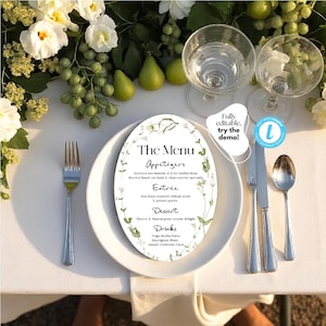 Plantilla de menú de boda ovalada con diseño floral verde y elegante para imprimir. Diseño editable de Templett.