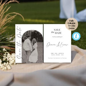 Modelo minimalista para salvar a data com foto – Cartão de convite de casamento moderno, design editável, download instantâneo