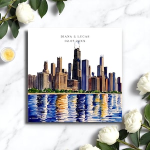 Faire-part de mariage « Save the Date » à Chicago : suite numérique élégante avec aquarelle Skyline, RSVP QR et polices de caractères modernes