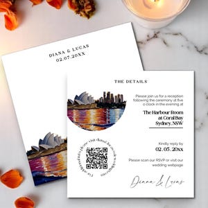 Plantilla de invitación de boda en el puerto de Sídney (reserva la fecha) - RSVP e información editables - Descarga digital de Templett