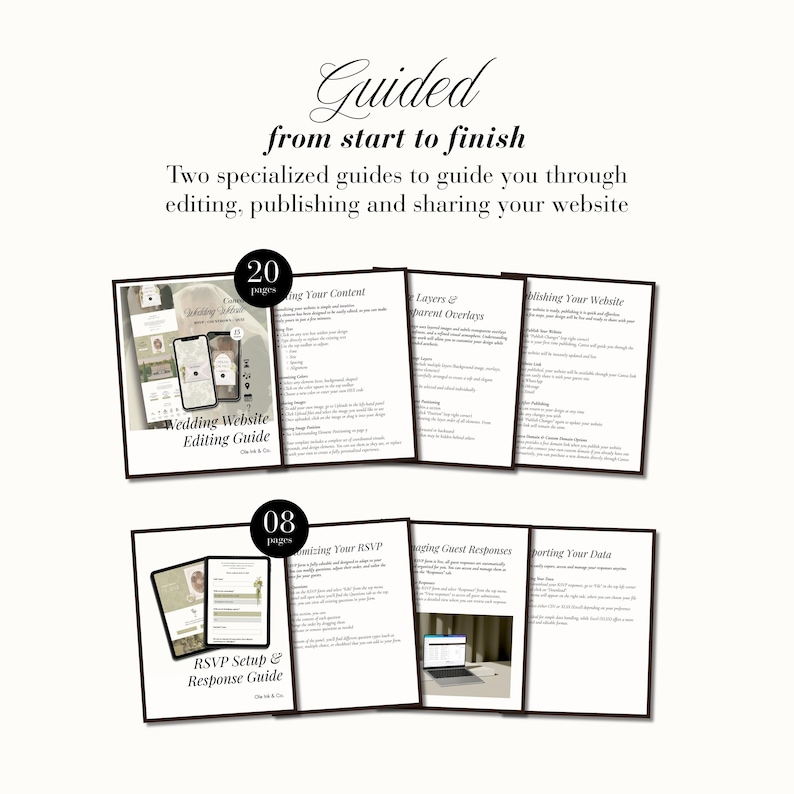 Peut inclure: Deux guides num&eacute;riques pour la gestion de sites web de mariage. Le guide sup&eacute;rieur, marqu&eacute; 20 pages, couvre l'&eacute;dition et la publication. Le guide inf&eacute;rieur, marqu&eacute; 08 pages, se concentre sur les RSVP et les donn&eacute;es. Instructions et captures.