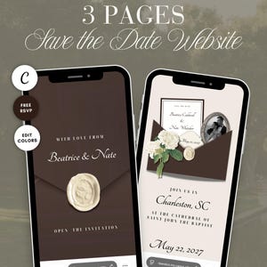 May include: Two smartphones displaying a wedding website design. The design features a brown envelope with a wax seal, the names "Beatrice & Nate", and the text "Open the Invitation". The second phone shows the wedding date and location.