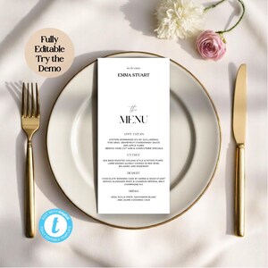 Plantilla de menú de boda personalizada: tarjeta de cena minimalista imprimible y elegante tarjeta de presentación para recepción.