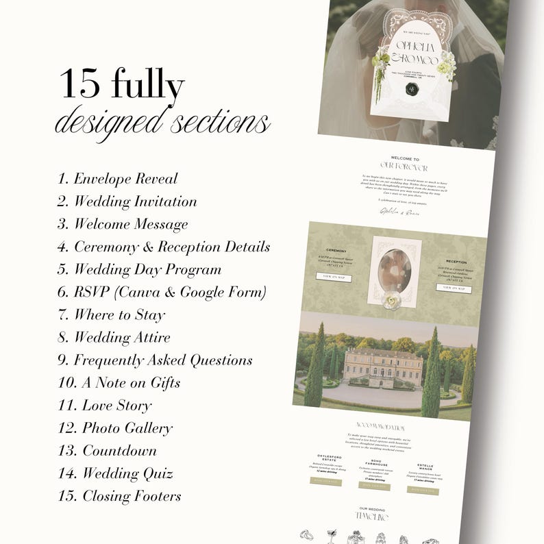 Peut inclure: Un mod&egrave;le num&eacute;rique comprenant 15 sections enti&egrave;rement con&ccedil;ues pour un site web de mariage, incluant l'enveloppe, l'invitation, le message de bienvenue, les d&eacute;tails de la c&eacute;r&eacute;monie, le programme, le RSVP, l'h&eacute;bergement, la tenue, les FAQ, les cadeaux, l'histoire, la galerie, le compte &agrave; rebours, le quiz et les pieds de page.