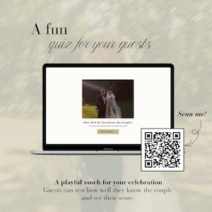 Peut inclure: Un &eacute;cran d'ordinateur affiche un quiz de mariage num&eacute;rique intitul&eacute; How Well Do You Know the Couple? avec une photo d'un couple. Un code QR est plac&eacute; &agrave; droite avec le texte Scan me! et une fl&egrave;che pointant vers le code pour les invit&eacute;s.