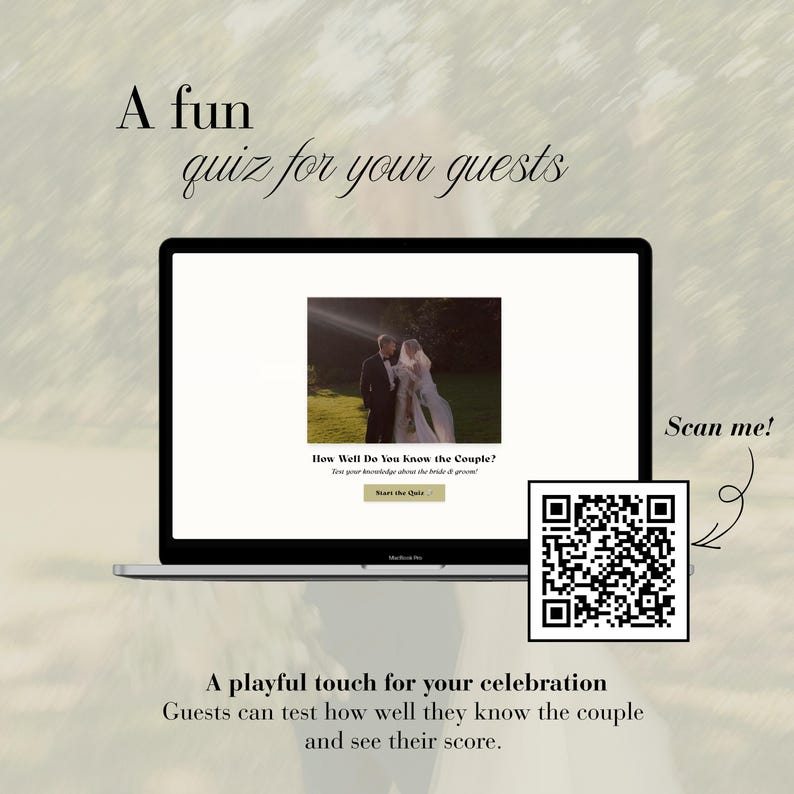 Peut inclure: Un &eacute;cran d'ordinateur affiche un quiz de mariage num&eacute;rique intitul&eacute; How Well Do You Know the Couple? avec une photo d'un couple. Un code QR est plac&eacute; &agrave; droite avec le texte Scan me! et une fl&egrave;che pointant vers le code pour les invit&eacute;s.
